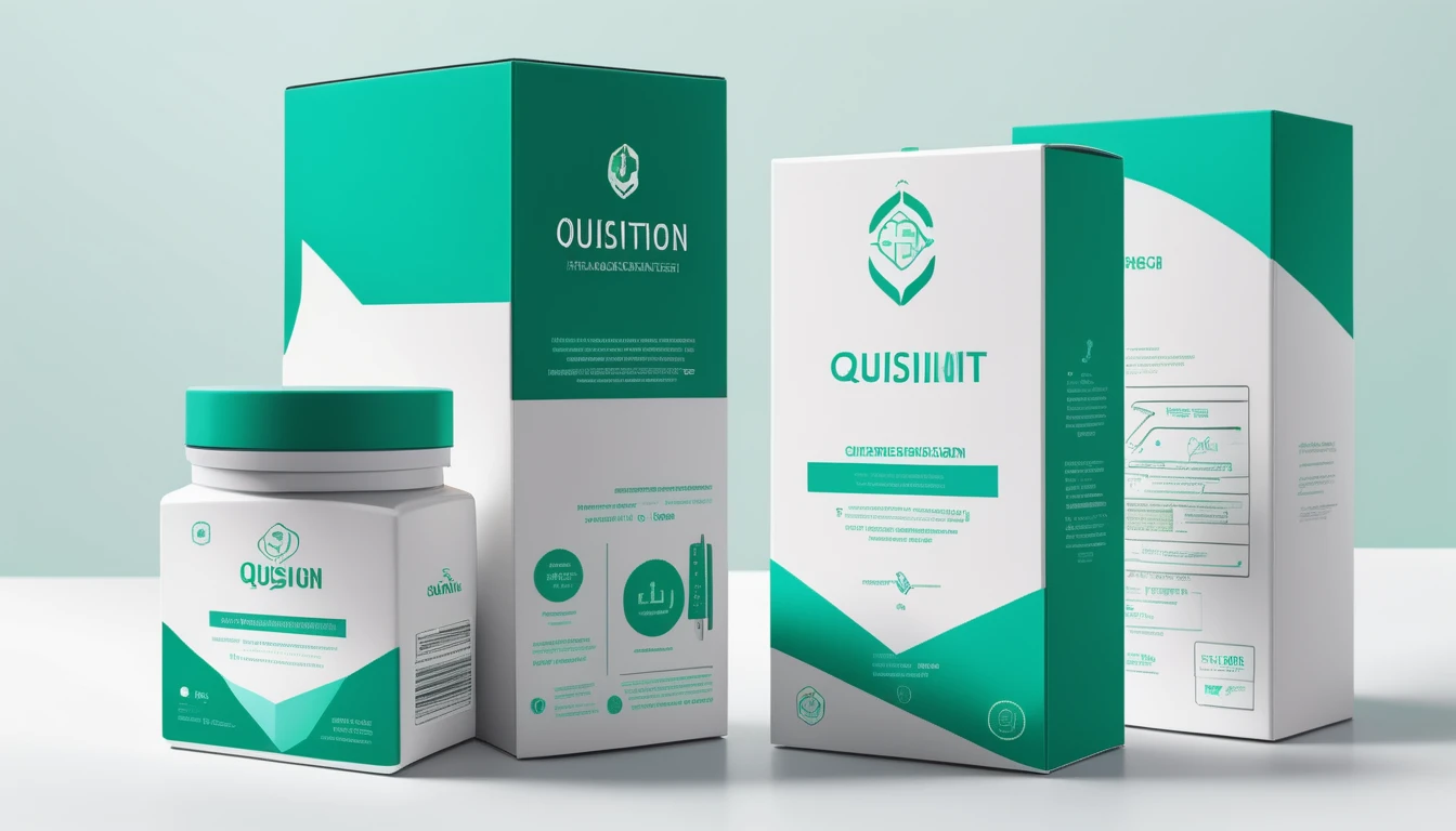 design packaging box for supplement, using a white and green color palette, with the style of "quisitions" on the side of the product box, flat design, modern package design, vector illustration, white background, light blue and gray accents, close up shot of a medical table in front with product photography in front.