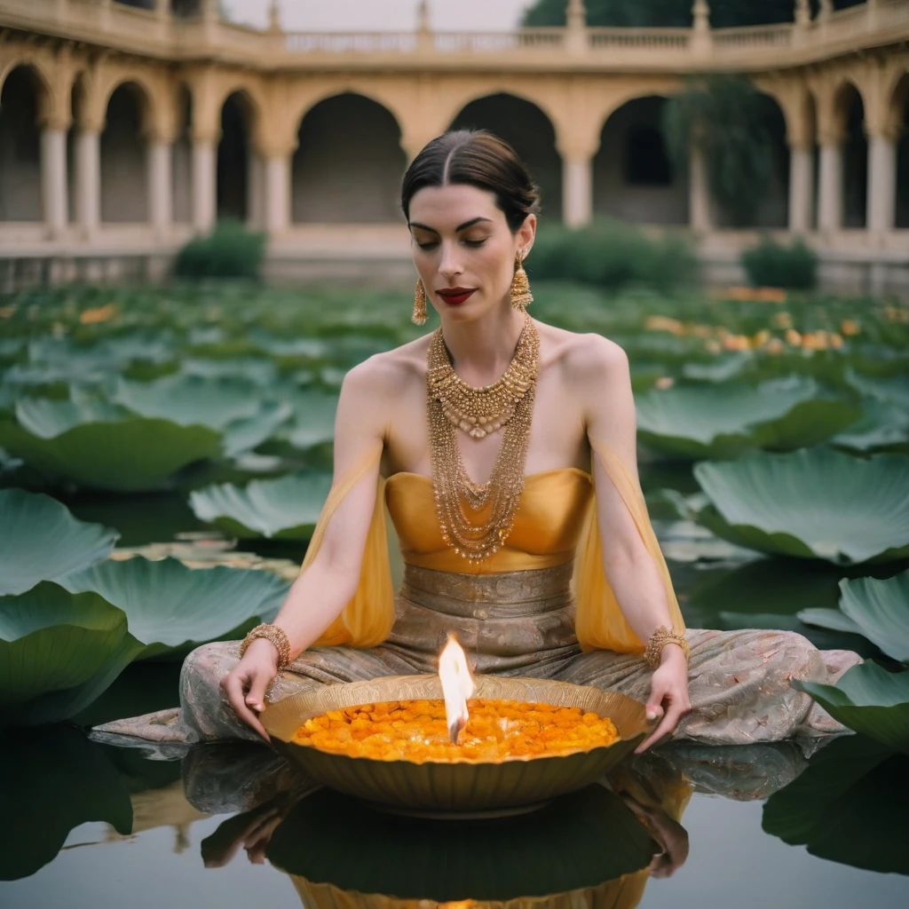 Candid closeup photo of an eccentric traditional gorgeous young beautiful face lotus queen, still from the film, ((solo)), (Anne Hathaway look alike face: 0.9), placing a lotus shaped bowl of fire in water, haute couture, symmetry, colorful palace gardens, river with bowls of fire, summer, pastel colors, Leica SL3, Summicron-SL 75 f/2 ASPH, kodak gold 200 film, dynamic action pose,