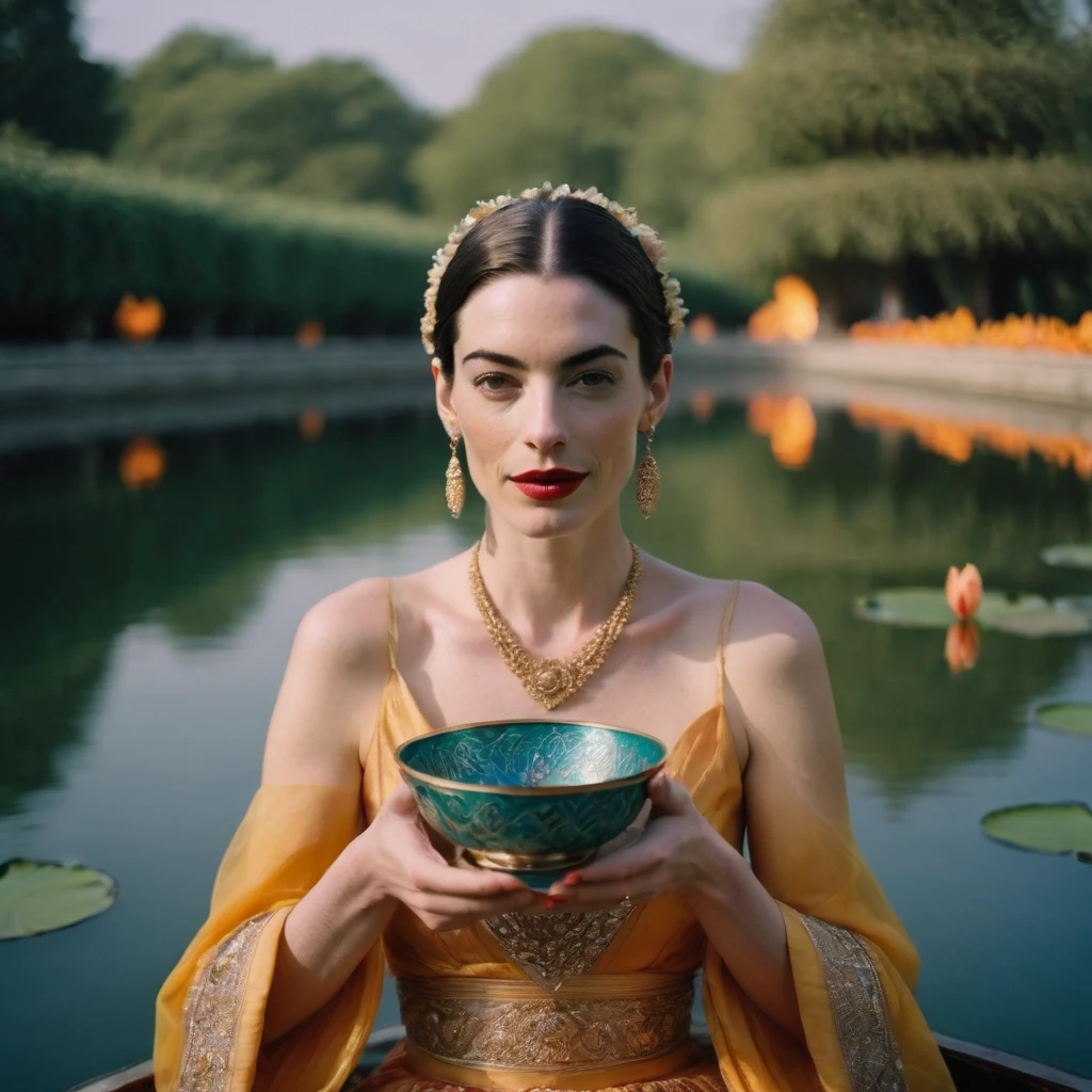 Candid closeup photo of an eccentric traditional gorgeous young beautiful face lotus queen, still from the film, ((solo)), (Anne Hathaway look alike face: 0.9), placing a lotus shaped bowl of fire in water, haute couture, symmetry, colorful palace gardens, river with bowls of fire, summer, pastel colors, Leica SL3, Summicron-SL 75 f/2 ASPH, kodak gold 200 film, dynamic action pose,