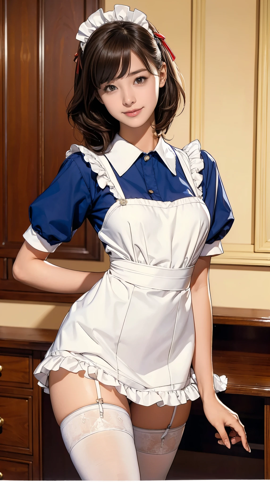 ((masterpiece)),(((Highest quality))),((Bright facial expression)), -yeld gi Cute type, The best smile:1.5,(Very slim:1.4), Very small ass:1.5, Realistic buttocks, Emphasize the chest,Curly Hair, Thin thighs, Long legs, It's not a big deal, ((Dress and stockings, Gorgeous maid, Maid clothes,Hair Ribbon)), Posing while serving customers at a store:1.5,