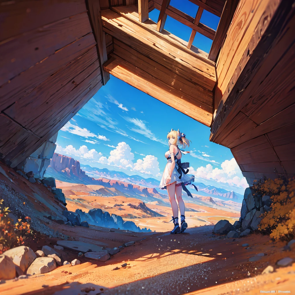 Masterpiece, ultra detailed, beautiful,Super Saturation, desert,1 girl, desert princess, anime picture, arcadia , from a distance, landscape,Nevada,desert:1.6