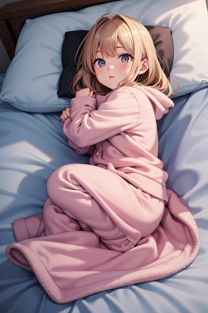 fetal position, bed, clothed