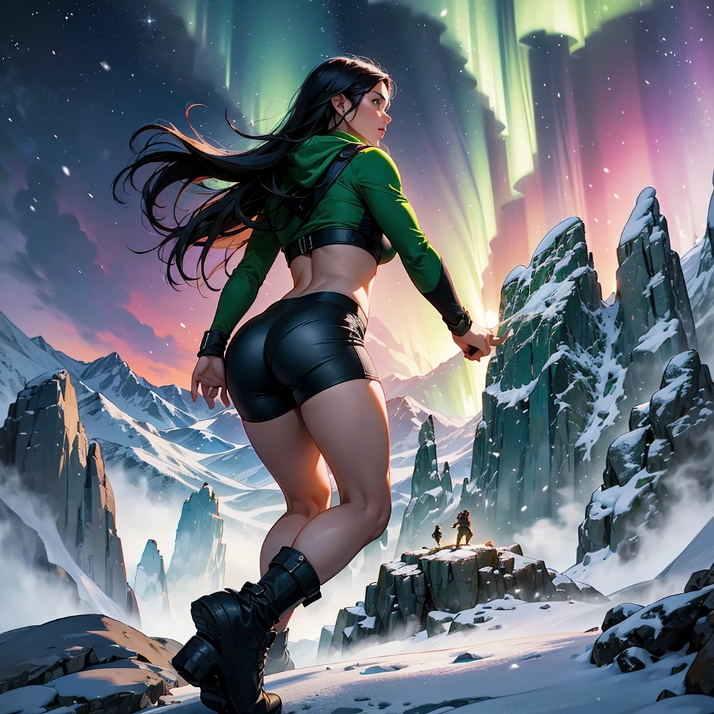 Generate Lara Croft climbing a gigantic,treacherous,steep cliff with snow from the side angle,full of life and danger at night in a Nordic mythology style landscape in an highly detailed digital art style.add a real sense of vertigo for the depth.add green Aurora borealis with a tint of purple, add white crop top,midriff hoodie, really short and intricate design black booty shorts and black military boots. add textures and a lot details. add forest, a huge mountains and lake in the background. make it very colorful in a way that inspire winter season and the Nordic mythology.