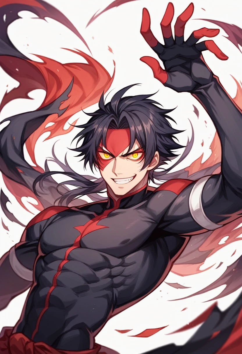 Madara Uchiha, the legendary shinobi and leader of the Uchiha clan, looks out over the devastated battlefield. His imposing presence is marked by his Sharingan eyes glowing with absolute power. With a confident smile, he addresses his opponents, who tremble before his unparalleled strength.