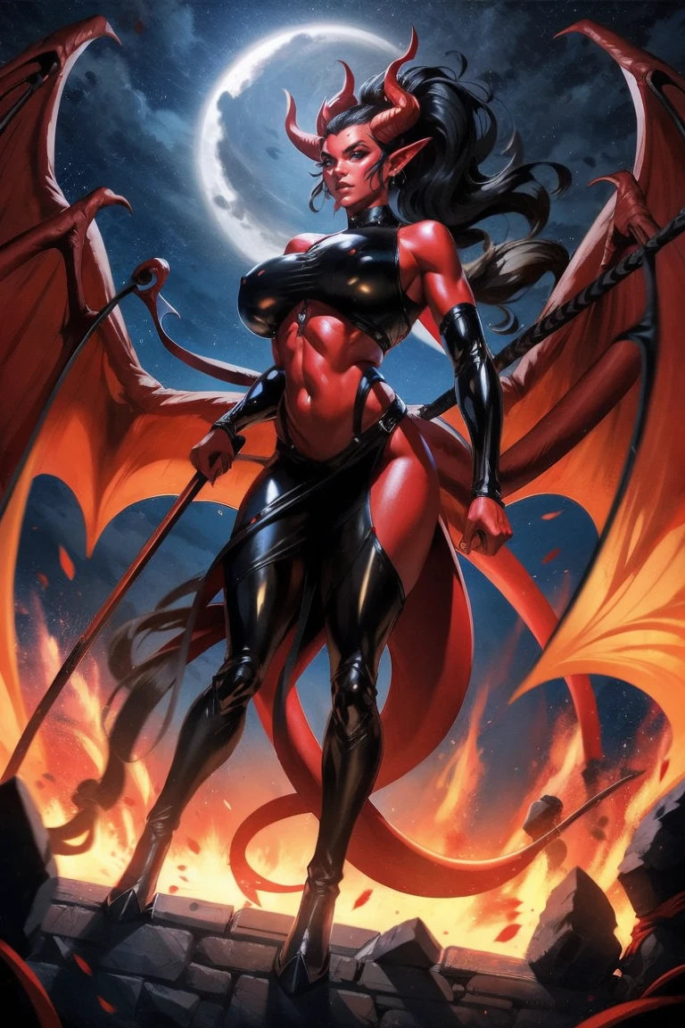 Red skin succubus tiefling, digitigrade legs, plump medium breasts, black horns, wings, huge tail, black leather, crop top, long flowing pelvic curtain, tall, toned, graceful, thin, long black ponytail. Action scene, whip. Dark scene, explosions, night sky.