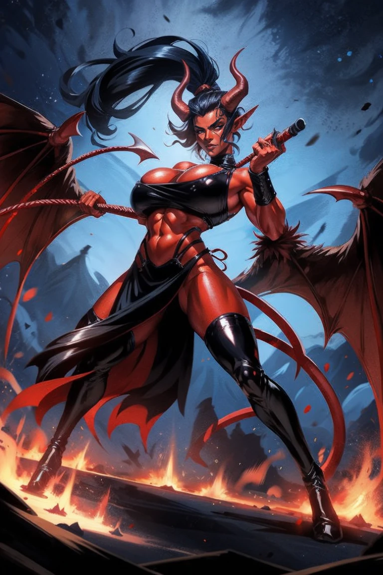 Red skin succubus tiefling, digitigrade legs, full breasts, medium breasts, black horns, wings, huge tail, black leather, crop top, long flowing pelvic curtain, tall, toned, graceful, thin, long black ponytail. Action scene, whip. Dark scene, explosions, night sky.