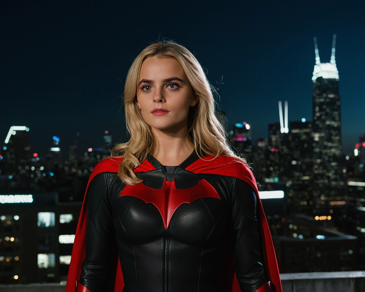 cinematic film still of ((Millie Gibson)) as batwoman ,wearing batwoman suit, standing on a roof top overlooking a city ,look up, serious expression, depth of field, telephoto lens, medium blonde hair, looking up,(full body focus),half closed-eyes, central composition, night time, at night, shallow depth of field, highly detailed, high budget, bokeh, cinemascope, depressing, epic, gorgeous, film grain, grainy, ((Interrupted left brow)),