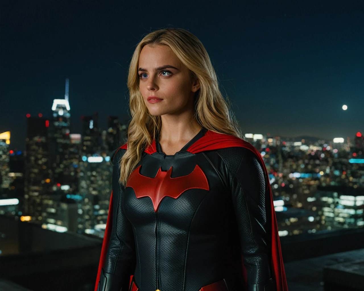 cinematic film still of ((Millie Gibson)) as batwoman ,wearing batwoman suit, standing on a roof top overlooking a city ,look up, serious expression, depth of field, telephoto lens, medium blonde hair, looking up,(full body focus),half closed-eyes, central composition, night time, at night, shallow depth of field, highly detailed, high budget, bokeh, cinemascope, depressing, epic, gorgeous, film grain, grainy, ((Interrupted left brow)),