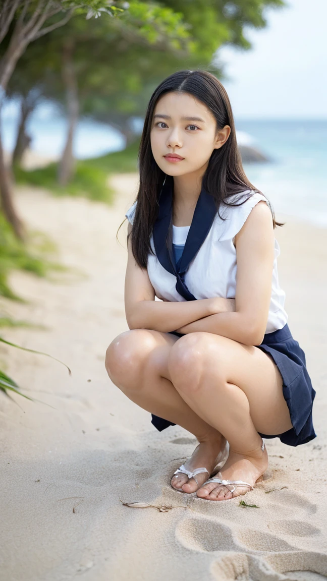 (((Top-down configuration:1.33)))、((No underwear:1.55))、One Girl、Beautiful and detailed eyes and face、barefoot、20 year old cute Japan woman, ((Extremely precise and accurate anatomy:1.0)), (photo Realistic:1.4), (hyper Realistic:1.4), (最高品質のRealisticな肌の質感:1.4), (Improvement of quality:1.4), (Enhances the beauty of skin texture:1.1), Clean and glowing skin, mesh, thin:1.2, (Realistic:1.3), Realisticなライティング, (Smoother lighting:1.05), (Improving the quality of cinema lighting:0.9), Backlight, A gentle light on your face, Ray Tracing, (Bright light:1.2), 32k, One Japanese woman, fine grain, Detailed face, (Film Grain:1.1),(Accentuates body lines:1.1), High resolution, Natural look, Kind eyes, Improves hair quality, Delicate light and shadow, Transparent muscles, Graceful pose, Beautiful Eyes, Sharp details, Soft light reflection, Beautiful contours, Delicate skin tone, Fine hair texture, Natural background, (((sunny day、Beach、A strong wind is blowing、Her hair and skirt are flying、Squat, Traditional navy blue sailor uniform、Open shirt、Pleated skirt、Scooping seawater with hands:1.25、splash、Sandy Beach、Light of the sun、clear blue sea、The waves crash quietly、Blue sky and white clouds、green mountain々、Beautiful Nature、The joys of youth)))、