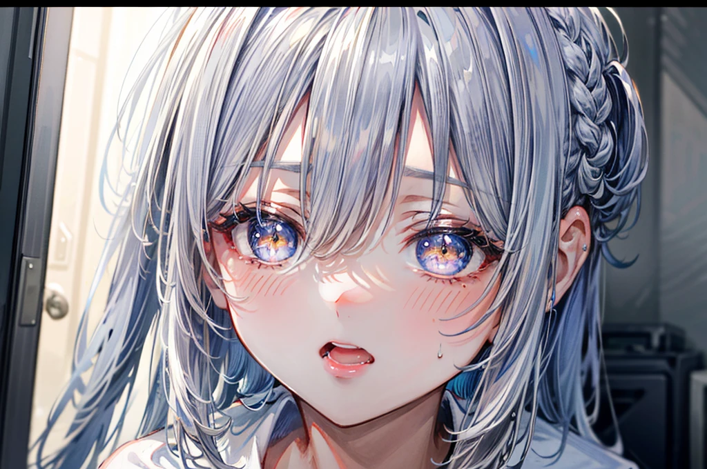 (Best quality, 8k, 32k, Masterpiece, UHD,:1.2),RAW, (((2girl))),ultra cute , natural lighting,transparent shining eyes, 20yo ,fair complexion, (ecstasy:0.8) ,(slut:0.8), (vulgarity:0.8), (fucked silly:0.8),(steam:0.8),(trembling:1.3)),((Nightgown )) , ((White backgroud)), face Closeup, Closeup face, head shot, Cleavage, shiny,French braid