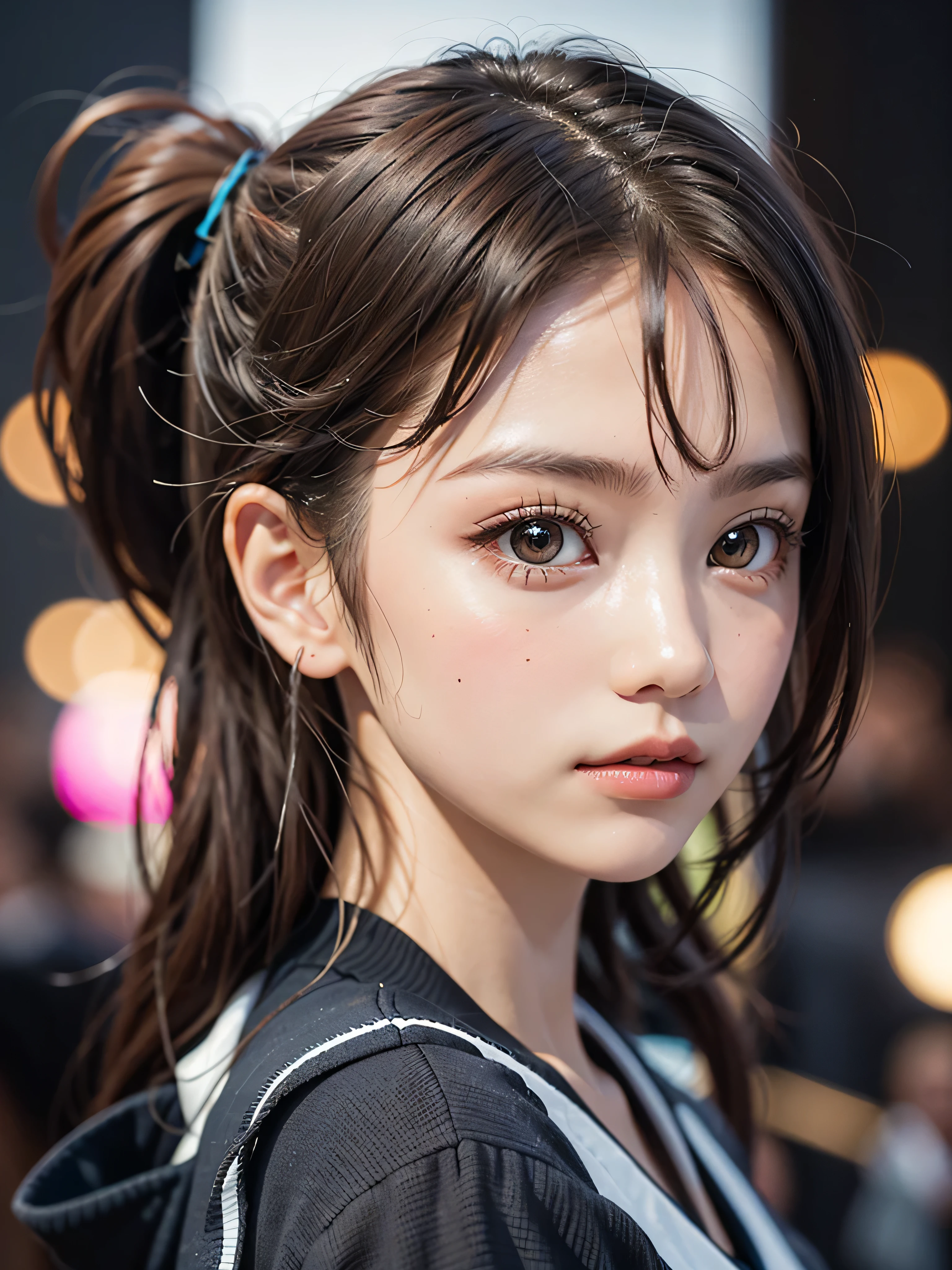 One Girl，(1人のとてもcute女の子:1.3)，masterpiece，Highest quality，High resolution，From below，Low - Angle，Photorealistic，RAW Photos，Ray Tracing，beautiful girl，(15 years old:1.3)，cute，Big eyes，(detailed pupils:1.2)，(The face is facing forward:1.3)，Cute nose，Beautiful nose，Upturned nose，Fuller lips，Short brown hair，ponytail，short hair，Detailed eyelashes，Thin eyebrows，Very fine grain definition，(Symmetrical eyes:1.3)，(Face close-up，Face Focus:1.0)，Small breasts，Short neck，Sailor suit，People emerge，Dark Background，Portrait，View Viewer，Upper Body，Cinema Lighting，Soft Light，Very detailed