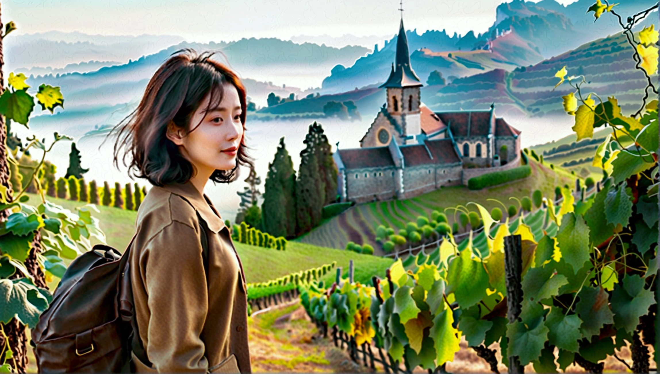 Woman in beautiful landscape 8K highest quality, Beautiful 36-year-old Korean woman, Chest size 34 inches, Passing through vineyards in the Swiss countryside, The cathedral is visible in the early morning fog., The back background is realistic and vivid quality., short medium hair, Casual and British - (summer jacket) ,Perfect and realistic photos, The background is realistic.. Full body shot with Canon camera 16-35 wide angle lens, expressionless, Walking down a vineyard hill covered in thick fog., Walking towards the front camera