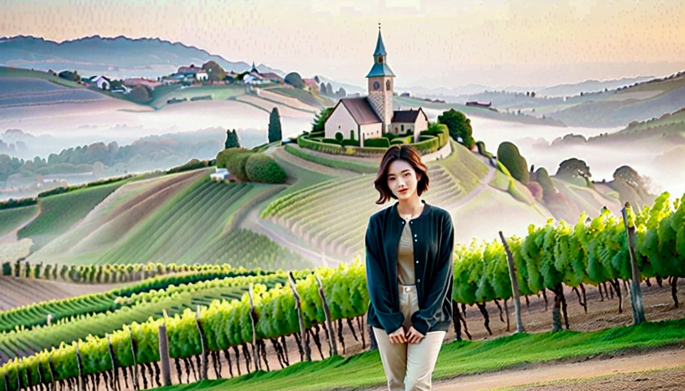 Woman in beautiful landscape 8K highest quality, Beautiful 36-year-old Korean woman, Chest size 34 inches, Passing through vineyards in the Swiss countryside, The cathedral is visible in the early morning fog., The back background is realistic and vivid quality., short medium hair, Casual and British - (summer jacket) ,Perfect and realistic photos, The background is realistic.. Full body shot with Canon camera 16-35 wide angle lens, expressionless, Walking down a vineyard hill covered in thick fog., Walking towards the front camera