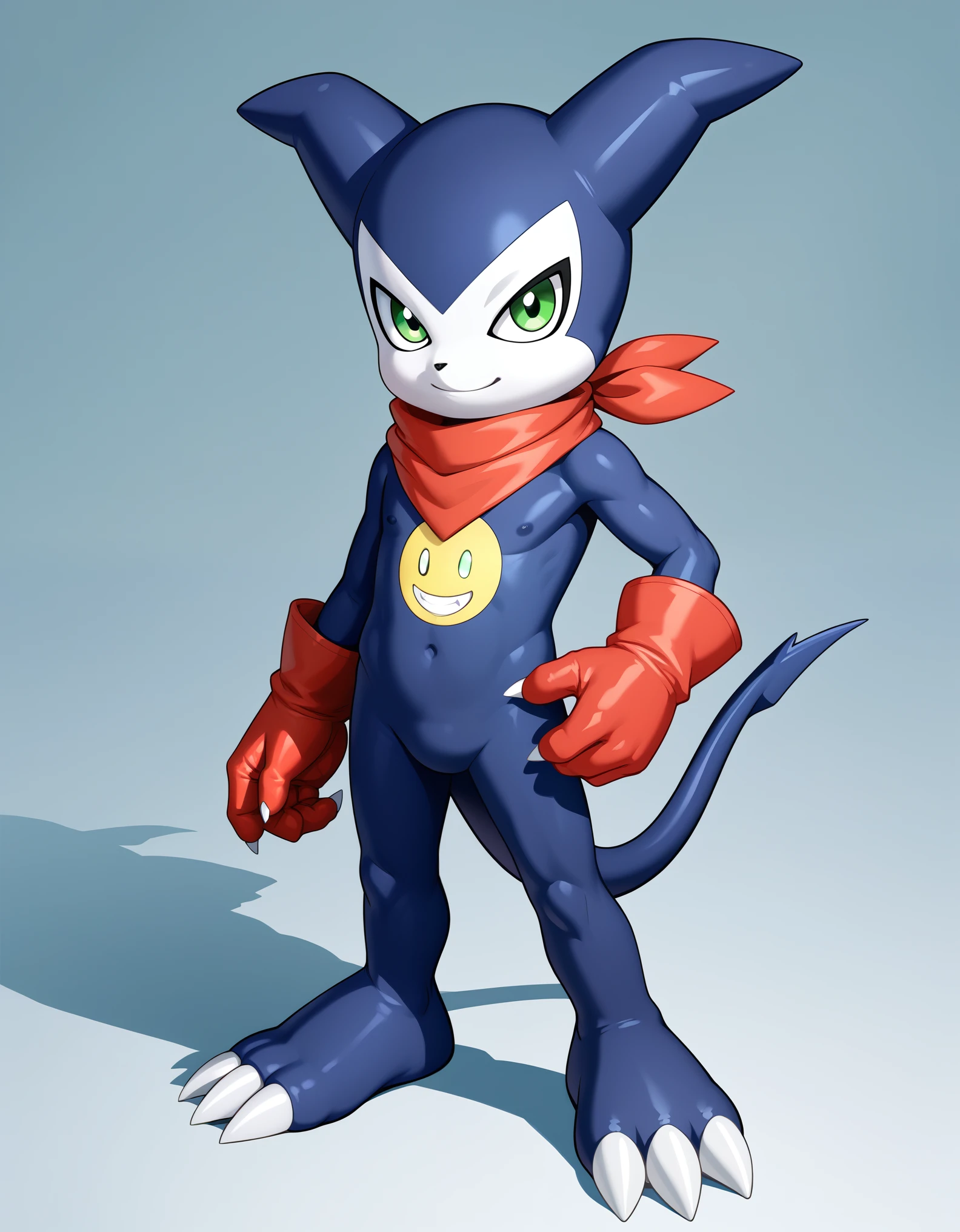 score_9, score_8_up, score_7_up, source_anime, impmon, 1boy, solo, digimon (creature), no humans, full view, green eyes, tail, gloves, claws, red gloves, scarf, standing, looking at viewer