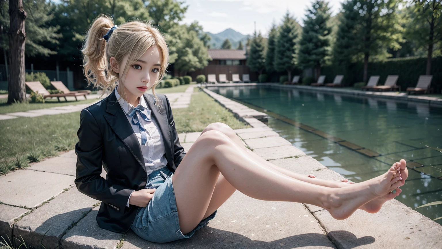 1 Girl, (alone:1.3), ditch, hot spring, Outdoor, Suit jacket, Hug your feet, of course(Blue Archive), Medium chest, Blonde, Braid, Folded ponytail, Hair Ribbon,