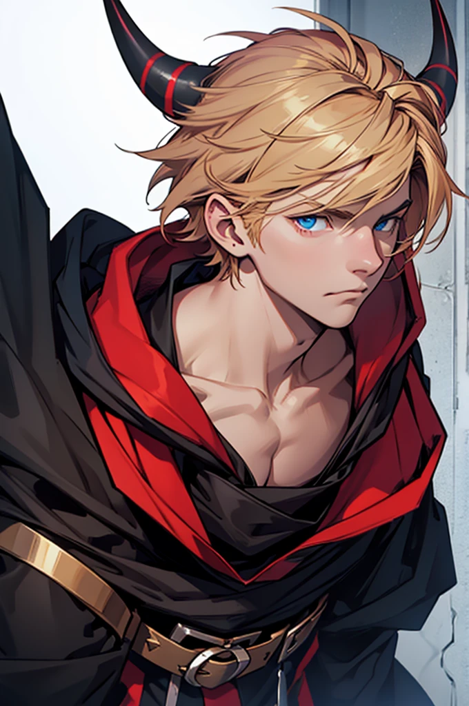 r, red horns, blue eyes, imposing face, short blond hair, with black cloak with hood