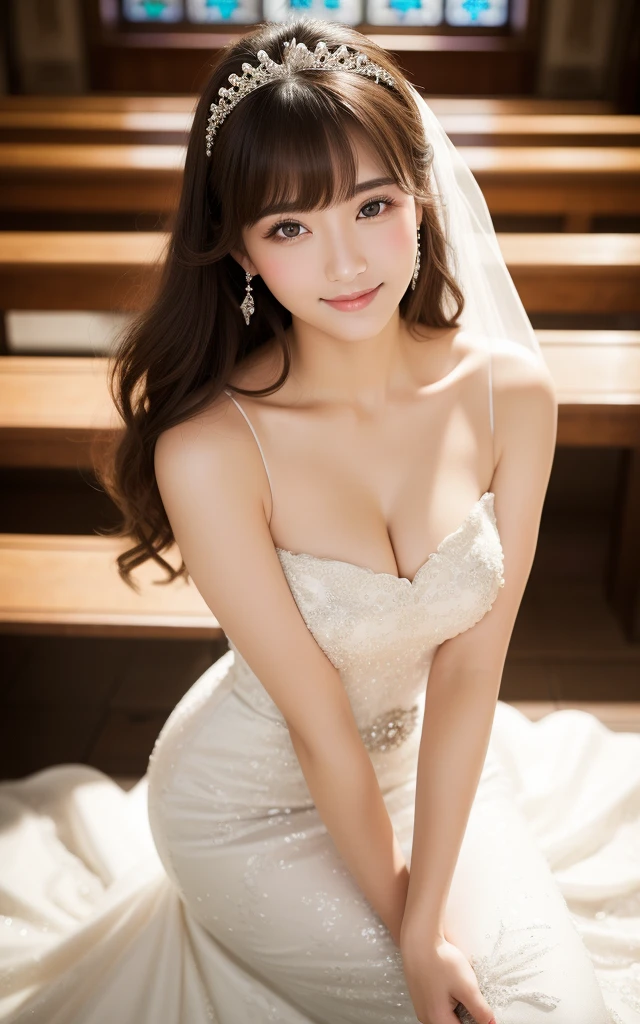 (highest quality:1.5)、(Realistic:1.5)、(Take a full-body photo:1.5)、Very detailed、High resolution、8k wallpaper、、Normal milk、Natural color lips、Cute Smile、Japanese women、20-year-old girl、Beautiful and elegant face、Perfect and beautiful face、Large, balanced eyes、Brunette's eyes、Beautiful and elegant face、Beautiful double eyelids、Natural Bangs、Beautiful thin nose、Beautiful Skin、Fair skin、Medium Bob Hair、Natural Bangs、Perfect and beautiful face、Slim face and figure、(Looking at the camera with a sweet smile)、Bright lighting、Professional Lighting、Forward lighting、Wedding dress、tiara、(wearing a white off-the-shoulder mermaid wedding dress)、Wedding ceremony in a church with beautiful stained glass、pose for a photo、