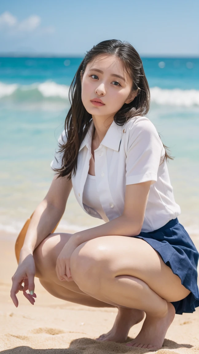 (((Top-down configuration:1.33)))、((No underwear:1.55))、One Girl、Beautiful and detailed eyes and face、barefoot、20 year old cute Japan woman, ((Extremely precise and accurate anatomy:1.0)), (photo Realistic:1.4), (hyper Realistic:1.4), (最高品質のRealisticな肌の質感:1.4), (Improvement of quality:1.4), (Enhances the beauty of skin texture:1.1), Clean and glowing skin, mesh, thin:1.2, (Realistic:1.3), Realisticなライティング, (Smoother lighting:1.05), (Improving the quality of cinema lighting:0.9), Backlight, A gentle light on your face, Ray Tracing, (Bright light:1.2), 32k, One Japanese woman, fine grain, Detailed face, (Film Grain:1.1),(Accentuates body lines:1.1), High resolution, Natural look, Kind eyes, Improves hair quality, Delicate light and shadow, Transparent muscles, Graceful pose, Beautiful Eyes, Sharp details, Soft light reflection, Beautiful contours, Delicate skin tone, Fine hair texture, Natural background, (((sunny day、Beach、A strong wind is blowing、Her hair and skirt are flying、Squat, Traditional navy blue sailor uniform、Open shirt、Pleated skirt、Scooping seawater with hands:1.25、splash、Sandy Beach、Light of the sun、clear blue sea、The waves crash quietly、Blue sky and white clouds、green mountain々、Beautiful Nature、The joys of youth)))、