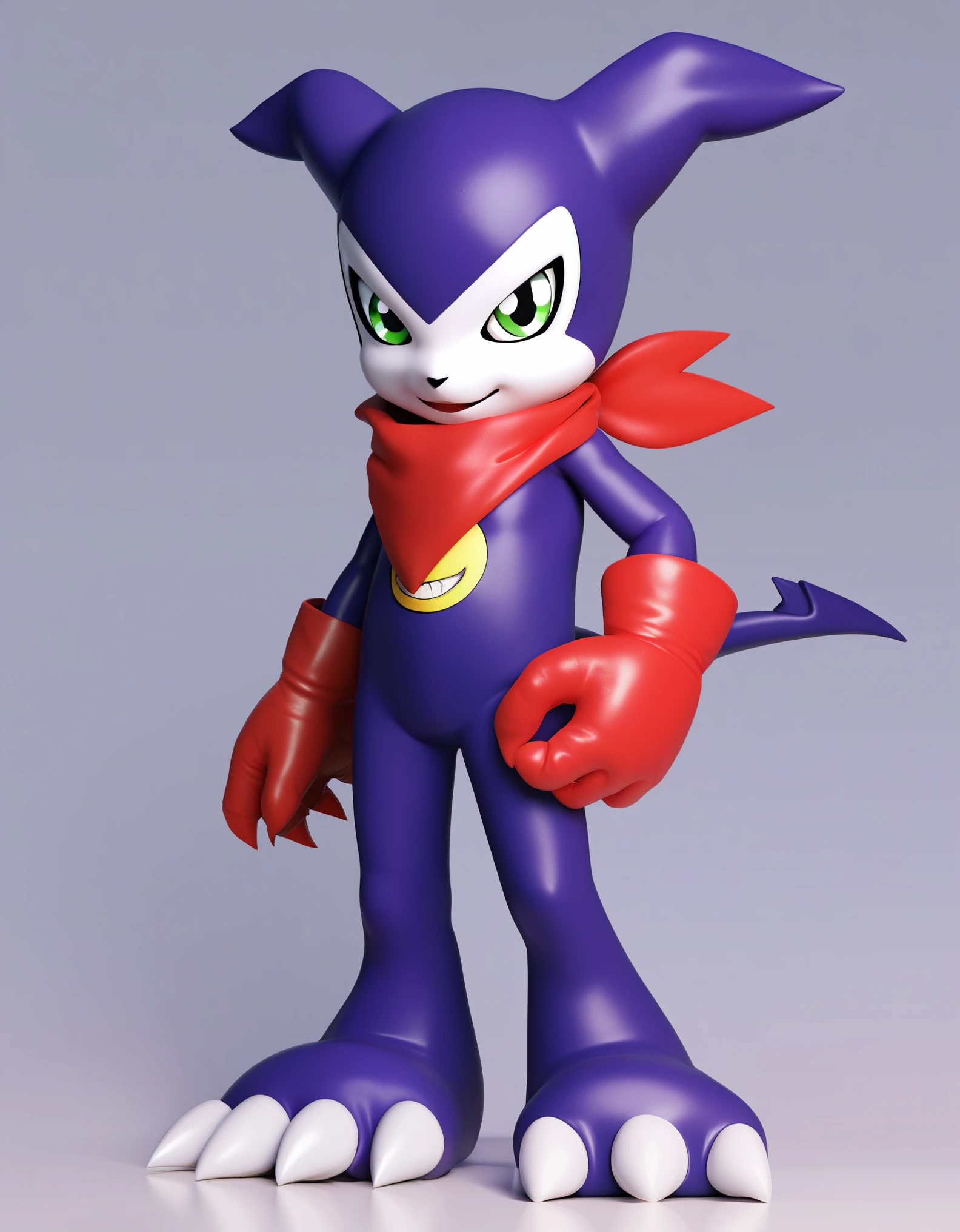 score_9, score_8_up, score_7_up, source_anime, impmon, 1boy, solo, digimon (creature), no humans, full view, green eyes, tail, gloves, claws, red gloves, scarf, standing, looking at viewer