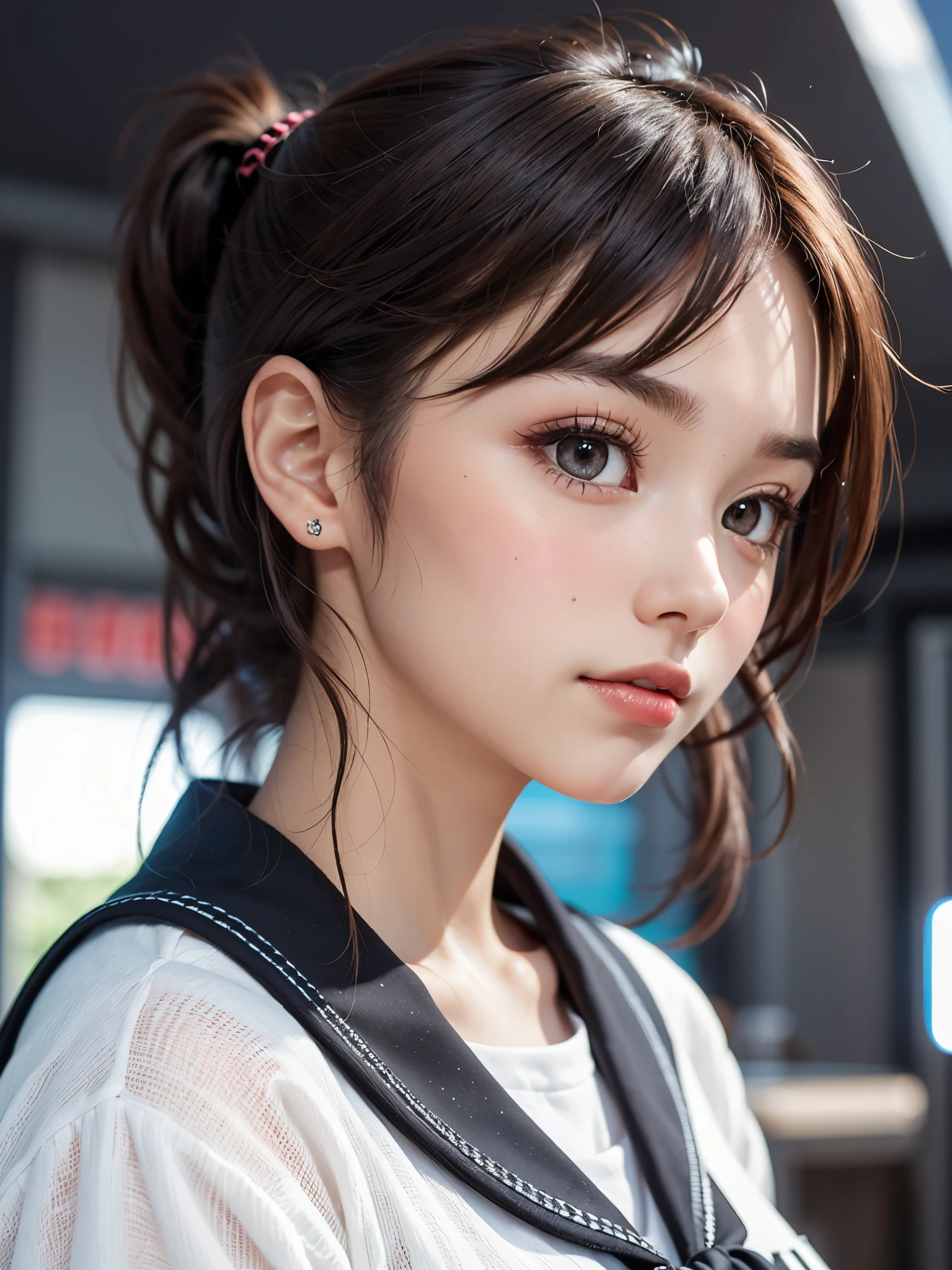 One Girl，(1人のとてもcute女の子:1.3)，masterpiece，Highest quality，High resolution，From below，Low - Angle，Photorealistic，RAW Photos，Ray Tracing，beautiful girl，(15 years old:1.3)，cute，Big eyes，(detailed pupils:1.2)，(The face is facing forward:1.3)，Cute nose，Beautiful nose，Upturned nose，Fuller lips，Short brown hair，ponytail，short hair，Detailed eyelashes，Thin eyebrows，Very fine grain definition，(Symmetrical eyes:1.3)，(Face close-up，Face Focus:1.0)，Small breasts，Short neck，Sailor suit，People emerge，Dark Background，Portrait，View Viewer，Upper Body，Cinema Lighting，Soft Light，Very detailed