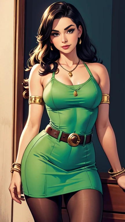 1woman 30year old, pin-up,solo, straight hair, looking at viewer, cleavage, bare shoulders, beautifil face,shy smile, jewelry, medium breasts, earrings, colored soft dress, pantyhose,belt, necklace, bracelet, lips, armlet