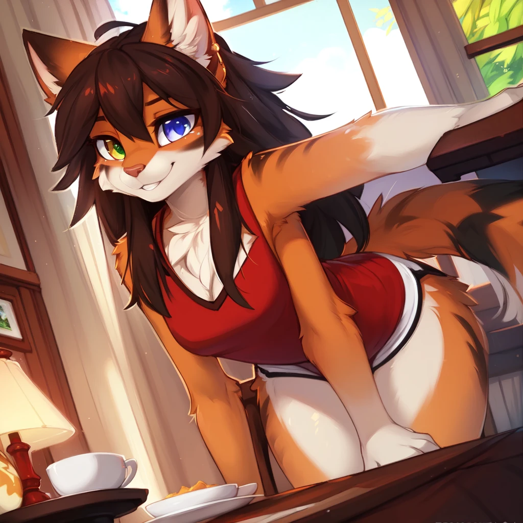 ((masterpiece, best quality)), (anthro furry:1.3, snout:1.2, anthro:1.3, furry:1.2, closeup:1.2, solo female:1.2, neckline, leaning forward, smile, red), red top, leggings, full body, Long hair, by kenket, Ross Tran, ruan jia, zaush, foxovh, by Zackary911, by hyattlen, by teranen, by fumiko, by Pixelsketcher, by Bayard Wu, by Thomas Benjamin Kennington, by Einshelm, by Kilinah, by Coffeesoda, by Hioshiru, by fluff-kevlar, bye r-mk, by Dimwitdog, cat, thighighs, big chest, beautiful, messy hair, brown hair, white eyes, thicc, solo, standing, long hair, 2-tone hair ((orange | black)), cat ears, totora, totora, thighighs, calico cat, heterochromia ((green | blue))