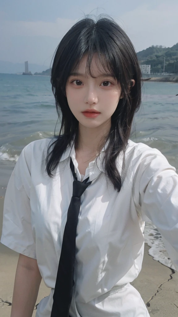 Best quality,masterpiece,Ultra-high resolution,16K,Beach Background,(Photo Realism:1.4),1 Girl,JK,Sexy,(Shirt and Tie:1.2),(Big breasts:1.3),(whole body:1.4)