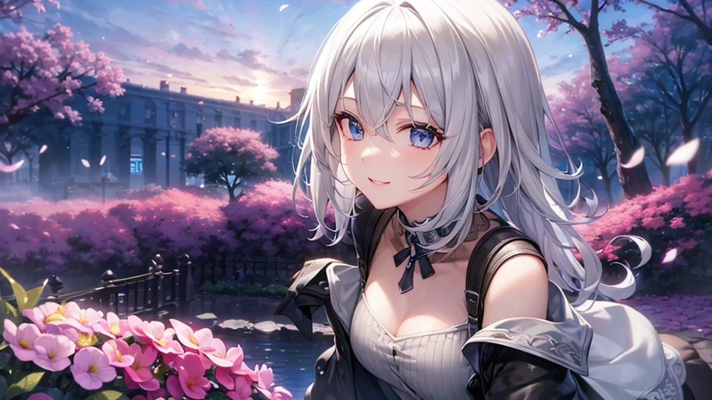 Ultra HD,Look at the viewers, Put your hands behind your back, With a girl, 20-year-old, 非常にShort Hair, Long bangs between the eyes, Pale blue eyes,  Very detailed,(masterpiece、Highest quality),Gray Hair、Laughter、Fantastic, Silver Hair, Iris,  Short hair、 Fluttering Hair、Small Face、明るいsmile、(Detailed face) ,Professional Lighting,Wonderful landscape,blue sky, sunlight,Looking down from above,Portraiture、Open your mouth、Flower Field、Her eyes were shining、Mysterious and enchanting atmosphere。With AI Painting、とてもShort Hair, Long bangs between the eyes, Very detailed,(masterpiece、Highest quality)、alone、Gray Hair、Fantasy, Silver Hair, Fantasyな風景、smile、Open your mouth、short hair、Short Hair、hairpin、black eye、Grey Eyes、Beautiful Eyes、White shirt、Jacket、I can see the neck、ponytail