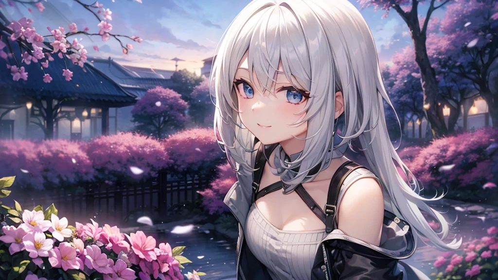 Ultra HD,Look at the viewers, Put your hands behind your back, With a girl, 20-year-old, 非常にShort Hair, Long bangs between the eyes, Pale blue eyes, Very detailed,(masterpiece、Highest quality),Gray Hair、Laughter、Fantastic, Silver Hair, Iris, Short hair、 Fluttering Hair、Small Face、明るいsmile、(Detailed face) ,Professional Lighting,Wonderful landscape,blue sky, sunlight,Looking down from above,Portraiture、Open your mouth、Flower Field、Her eyes were shining、Mysterious and enchanting atmosphere。With AI Painting、とてもShort Hair, Long bangs between the eyes, Very detailed,(masterpiece、Highest quality)、alone、Gray Hair、Fantasy, Silver Hair, Fantasyな風景、smile、Open your mouth、short hair、Short Hair、hairpin、black eye、Grey Eyes、Beautiful Eyes、White shirt、Jacket、I can see the neck、ponytail