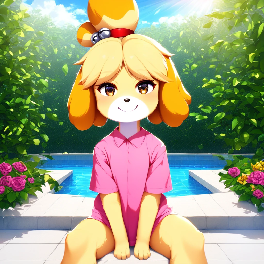 uploaded on e621, ((by Pino Daeni, by Ruan Jia, by Fumiko, by Levelviolet, by Supplesee)), kemono, dagasi, solo female isabelle \(animal crossing\) in animal form with tiny and short body with yellow fur (wearing pink shirt:1.4)  with leaf patterns and (no pants:1.4) and white belly and top knot and (bells:1.2), ((feral)), ((flat chest)), (detailed fluffy fur), (half-lengthportrait, front view, looking at viewer), BREAK, (sitting in hotel swimming pool bench with plant and flower), (detailed background, depth of field, half body shadow, sunlight, ambient light on the body), (intricate:1), (high detail:1.3), (unreal engine:1.2), (soft focus:1.15), [explicit content, questionable content], (masterpiece, best quality, 4k, 2k, shaded, absurd res)
 