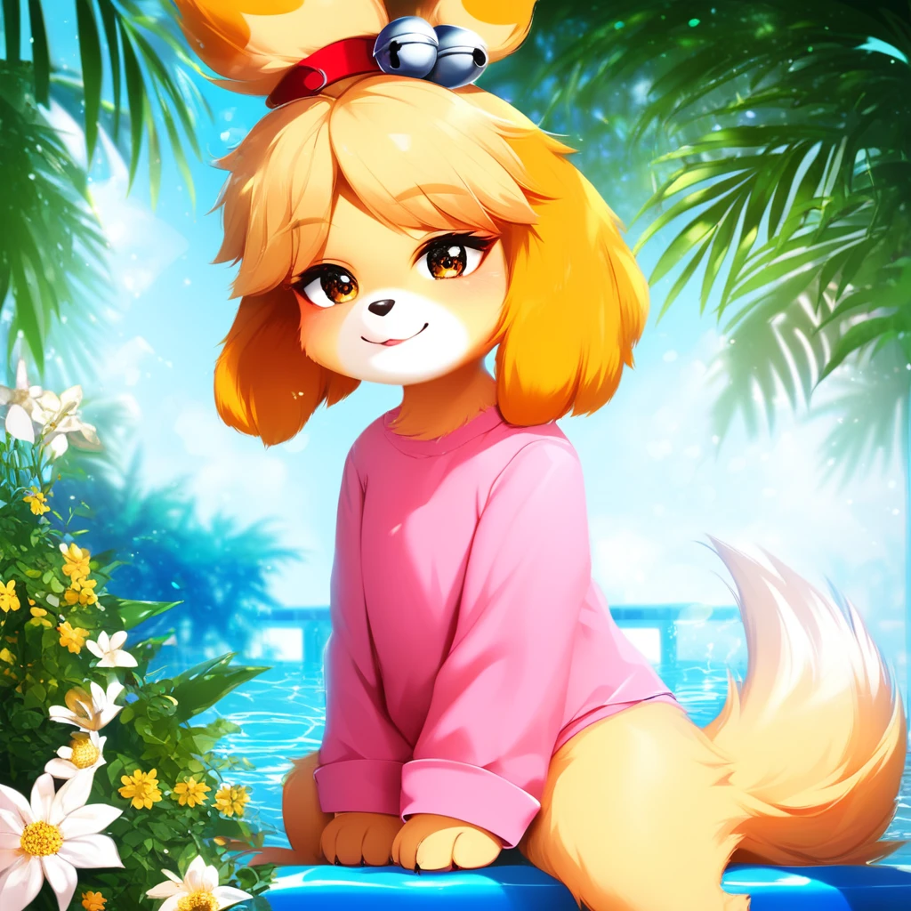 uploaded on e621, ((by Pino Daeni, by Ruan Jia, by Fumiko, by Levelviolet, by Supplesee)), kemono, dagasi, solo female isabelle \(animal crossing\) in animal form with tiny and short body with yellow fur (wearing pink shirt:1.4)  with leaf patterns and (no pants:1.4) and white belly and top knot and (bells:1.2), ((feral)), ((flat chest)), (detailed fluffy fur), (half-lengthportrait, front view, looking at viewer), BREAK, (sitting in hotel swimming pool bench with plant and flower), (detailed background, depth of field, half body shadow, sunlight, ambient light on the body), (intricate:1), (high detail:1.3), (unreal engine:1.2), (soft focus:1.15), [explicit content, questionable content], (masterpiece, best quality, 4k, 2k, shaded, absurd res)
 