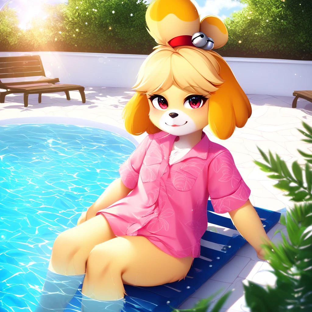 uploaded on e621, ((by Pino Daeni, by Ruan Jia, by Fumiko, by Levelviolet, by Supplesee)), kemono, dagasi, solo female isabelle \(animal crossing\) in animal form with tiny and short body with yellow fur (wearing pink shirt:1.4)  with leaf patterns and (no pants:1.4) and white belly and top knot and (bells:1.2), ((feral)), ((flat chest)), (detailed fluffy fur), (half-lengthportrait, front view, looking at viewer), BREAK, (sitting in hotel swimming pool bench with plant and flower), (detailed background, depth of field, half body shadow, sunlight, ambient light on the body), (intricate:1), (high detail:1.3), (unreal engine:1.2), (soft focus:1.15), [explicit content, questionable content], (masterpiece, best quality, 4k, 2k, shaded, absurd res)
 