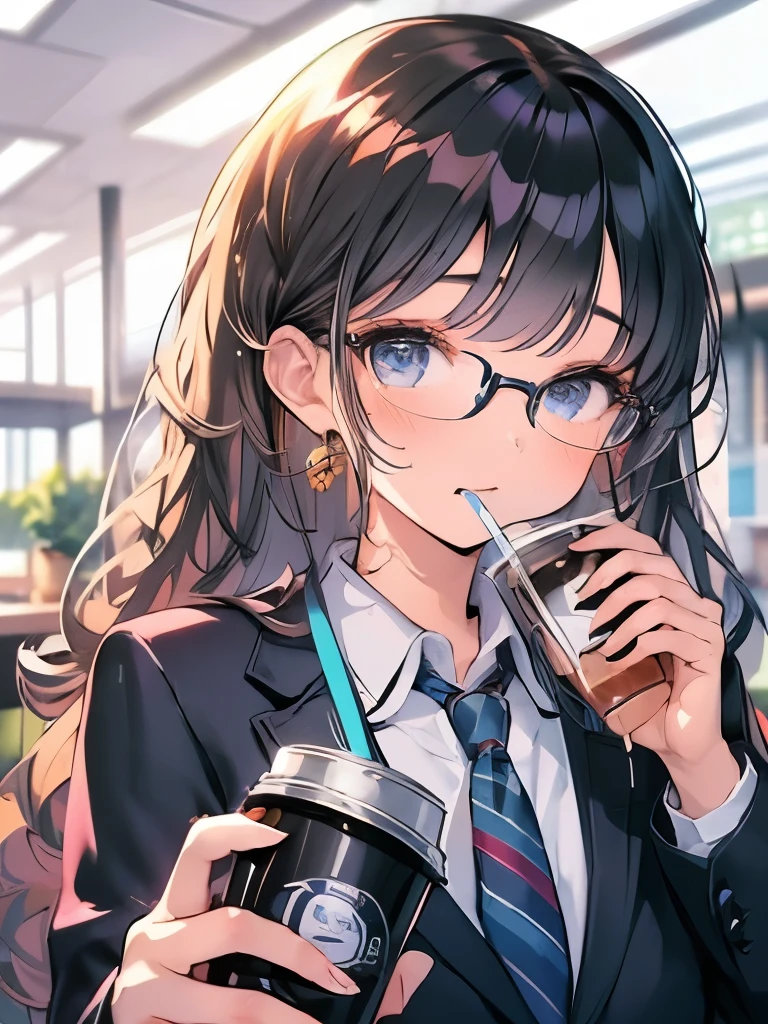 masterpiece、girl、Black Hair、Long Hair、Glasses、company employee、Wearing a suit、(((Drink coffee)))、A desk with lots of documents、office、office