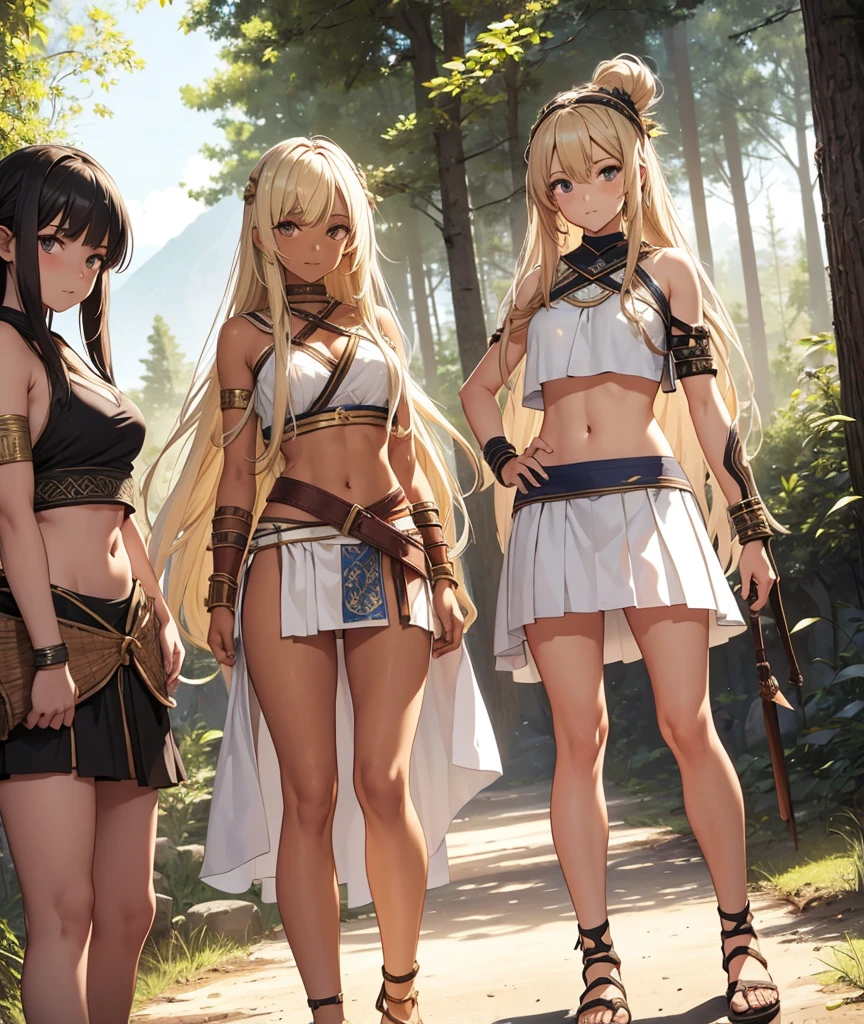 young greek warriors girls in togas , only girls , forest in the background , light armor , sandals , sexy, exposed belly, tribal marks, tribal tattoos, brown skin, dark skin, muscular girl, defined abdomen,stomach, multiple girls, midriff, looking at viewer, blonde hair , long hair, bare shoulders, white skirt, skirt, outdoors, sanda
