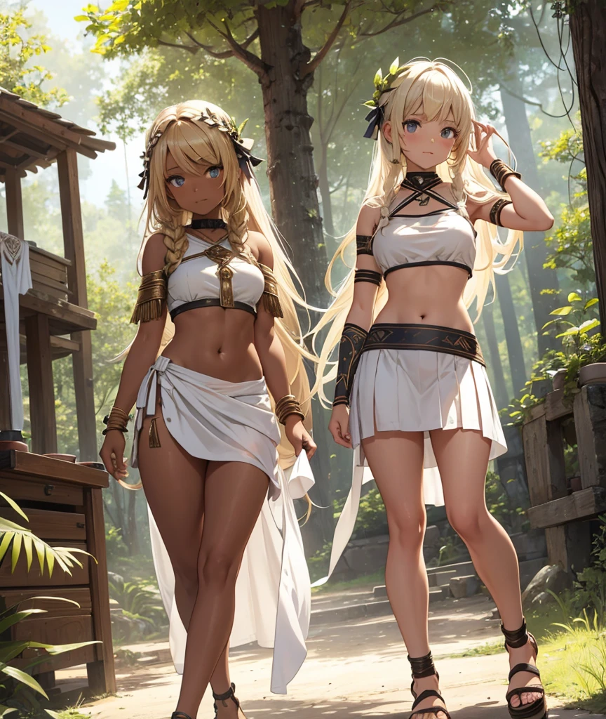 young greek warriors girls in togas , only girls , forest in the background , light armor , sandals , sexy, exposed belly, tribal marks, tribal tattoos, brown skin, dark skin, muscular girl, defined abdomen,stomach, multiple girls, midriff, looking at viewer, blonde hair , long hair, bare shoulders, white skirt, skirt, outdoors, sanda
