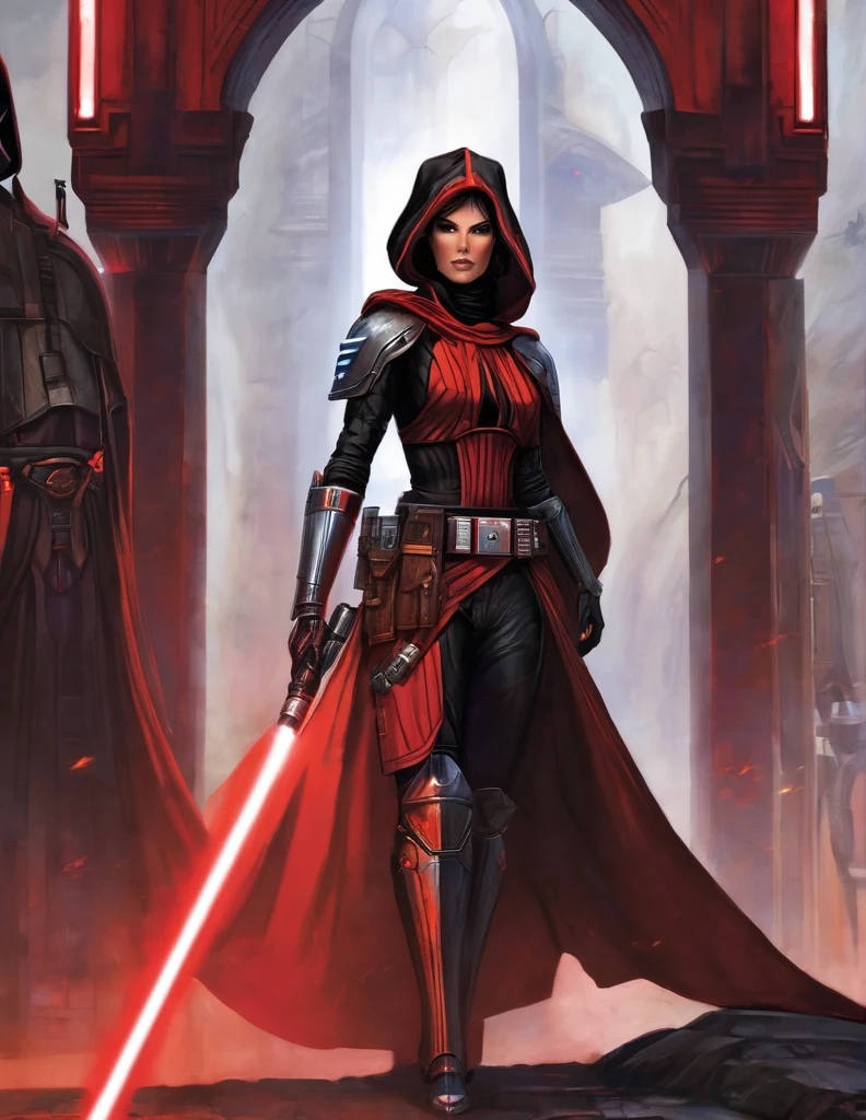 Une femme seule, Katherine whynnik en seigneur sith, inspiré de star Wars old republic, en armure moulante noir, marche dans des ruines d'un temple sith de koriban sombre, sabre laser rouge en main, a un regard fort, un visage sadique et ensorcelante, démarche gracieuse, courbe parfaite pour le corps.