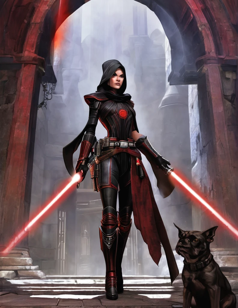 Une femme seule, Katherine whynnik en seigneur sith, inspiré de star Wars old republic, en armure moulante ????, marche dans des ruines d'un temple sith de koriban sombre, sabre laser rouge en main, a un regard fort, un visage ??????? et ensorcelante, démarche gracieuse, courbe parfaite pour le corps.