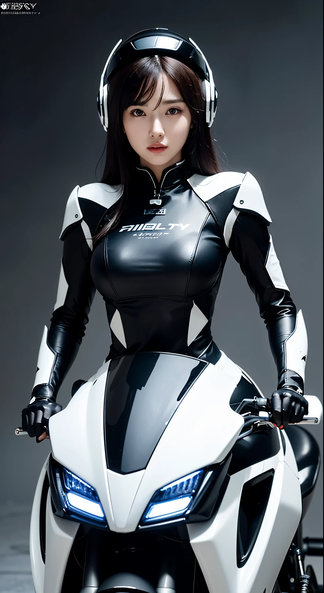 Highest image quality, outstanding details, ultra-high resolution, (fidelity: 1.4), the best illustration, favor details, highly condensed 1girl, with a delicate and beautiful face, dressed in black and white mecha, wearing a mecha helmet, holding a direction controller, riding on a motorcycle, the background is a high-tech lighting scene of the future city.