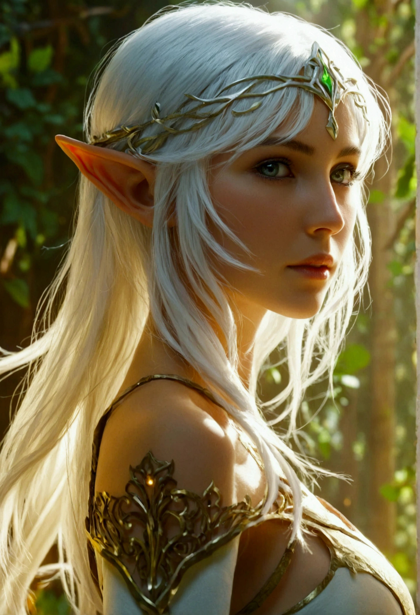 elf woman, white hair, white eyes, slim waist, full body, best quality, masterpiece, cinematic, detailed, realistic, detailed face.