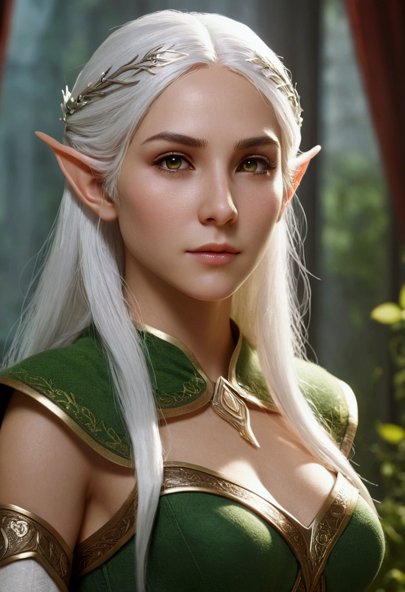elf woman, white hair, white eyes, slim waist, full body, best quality, masterpiece, cinematic, detailed, realistic, detailed face.