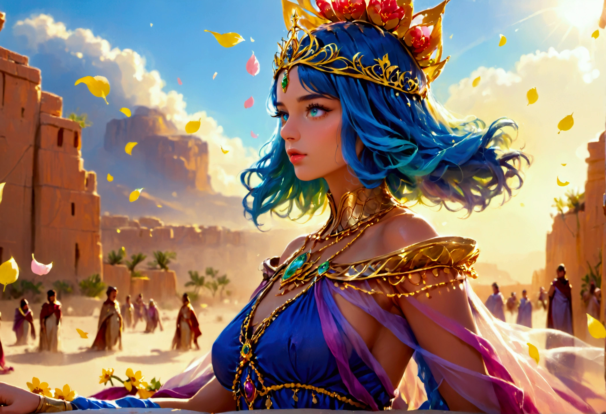 A huge blue-green humanoid female with a broad mouth, wearing a royal tiara and a sheer colorful cloak, riding on a hover barge in a desert setting, with slaves tossing flower petals around her, hyper detailed, ultra-realistic, 8K, photorealistic, intricate details, cinematic lighting, lush colors, dramatic shadows, volumetric lighting, depth of field, award winning digital art