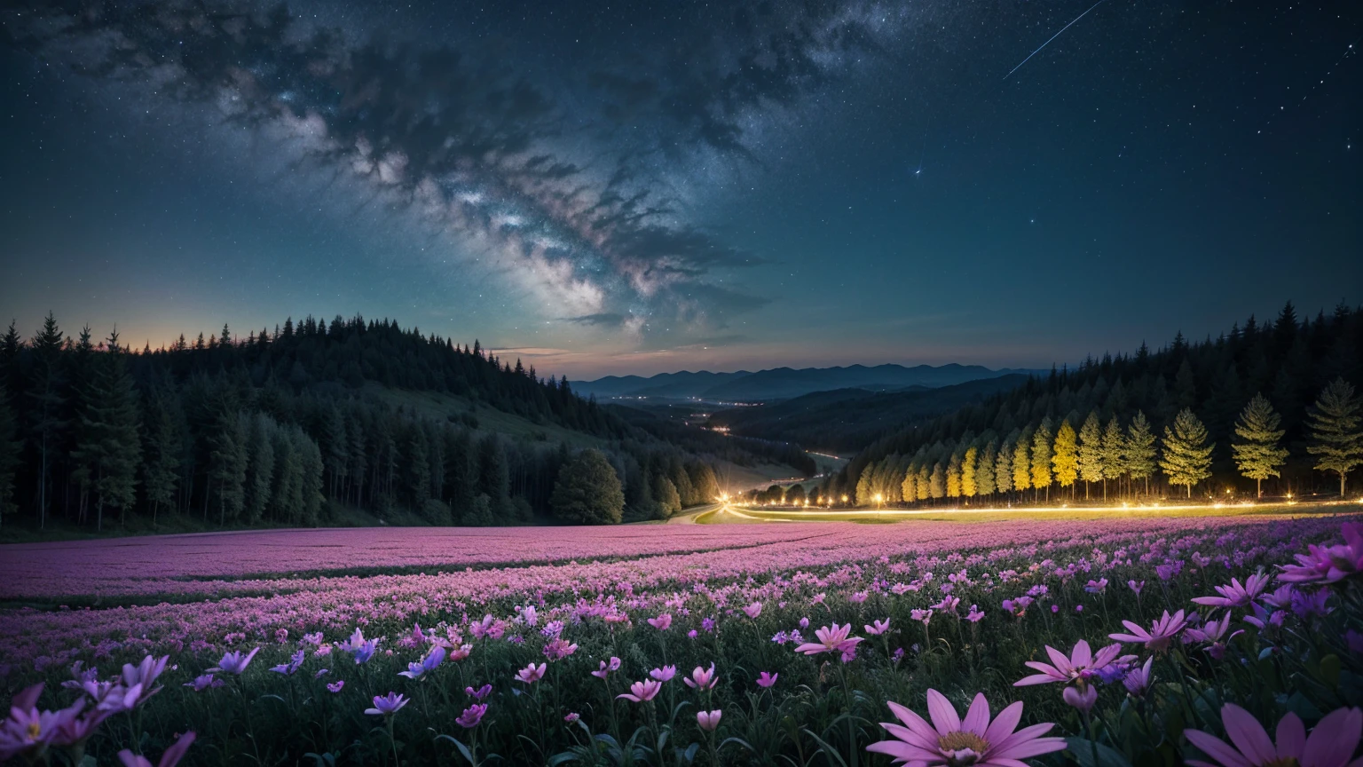 star々The sparkling night sky,Transparency,Spectacular landscapes,A delicate touch,A colorful flower field in the sparkling daytime,Contrast,