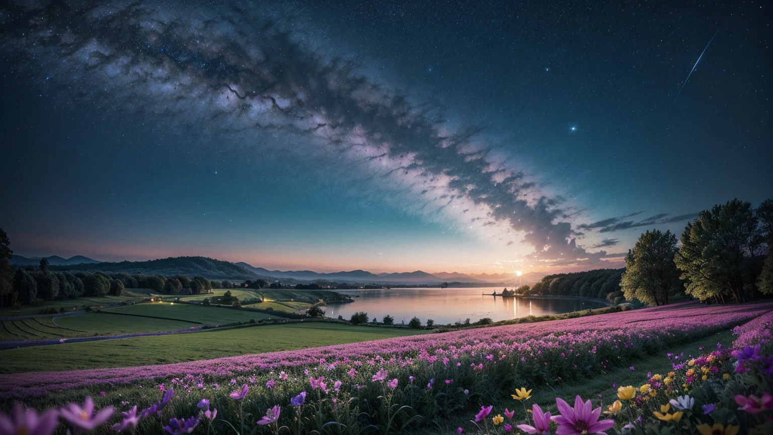 star々The sparkling night sky,Transparency,Spectacular landscapes,A delicate touch,A colorful flower field in the sparkling daytime,Contrast,