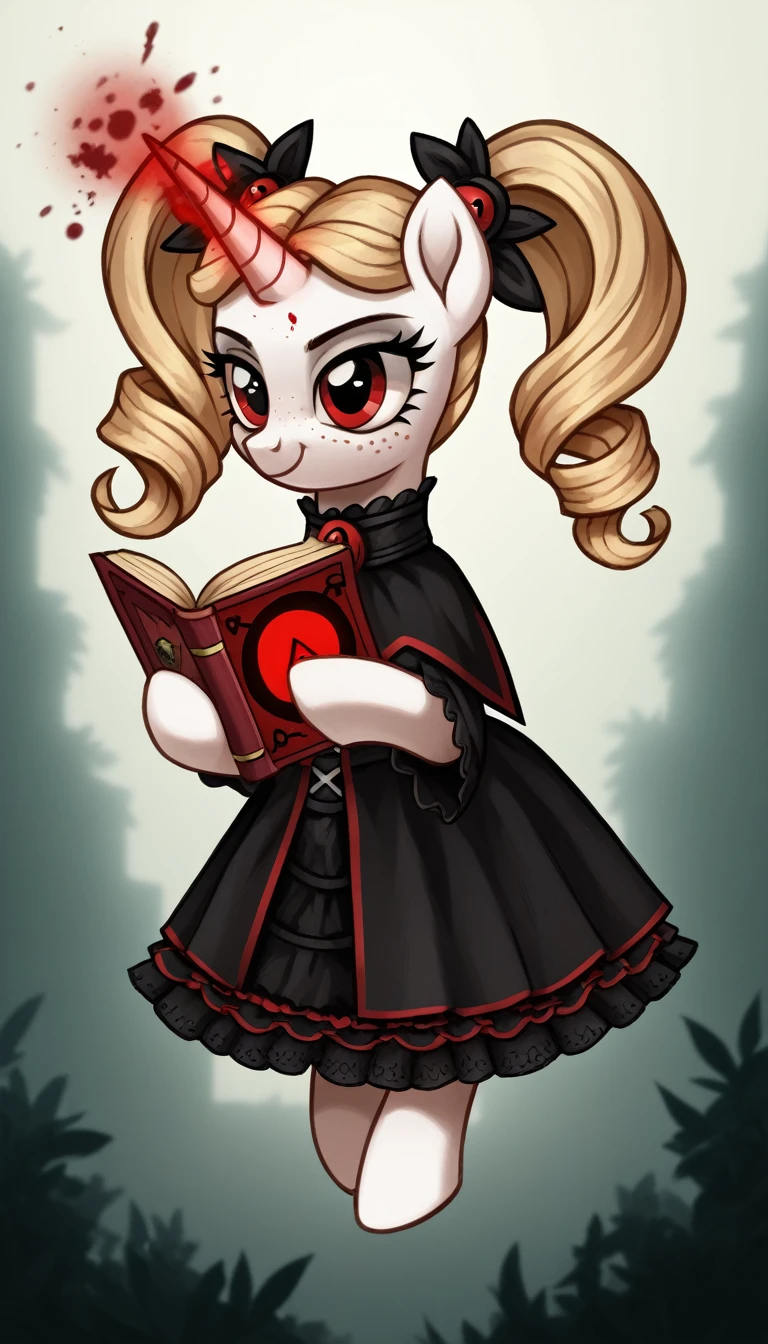 score_9,score_8_up,score_7_up,score_6_up, filly, unicorn, white fur, curly strawberry blonde hair, twintails, freckles, red eyes, Gothic ta pony, loliashion, glowing backlight, fashion show, cult Forrest scene, glitter, whimsical, enchanted, magical, fantasy art concept, intricate details, insane smile, blood splatter on face, floating, holding spell book, glowing horn,