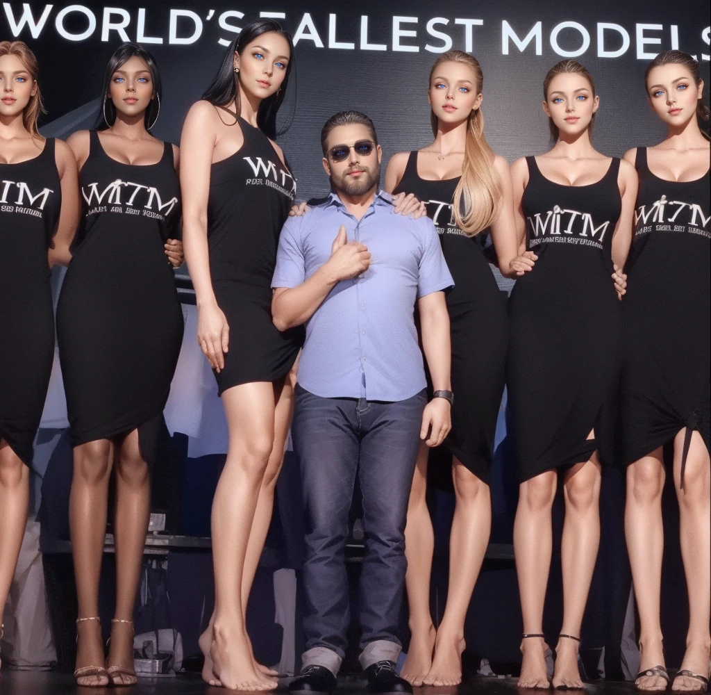 Enhance the image, give it more detail and shading, Three tall girls on the eft, three tall girls in the right, short man in the middle, the girls are much taller than the man, girls have big and cleavage, girls are wearing black, man is wearing blue shirt, girls are standing barefoot, man is wearing shoes,