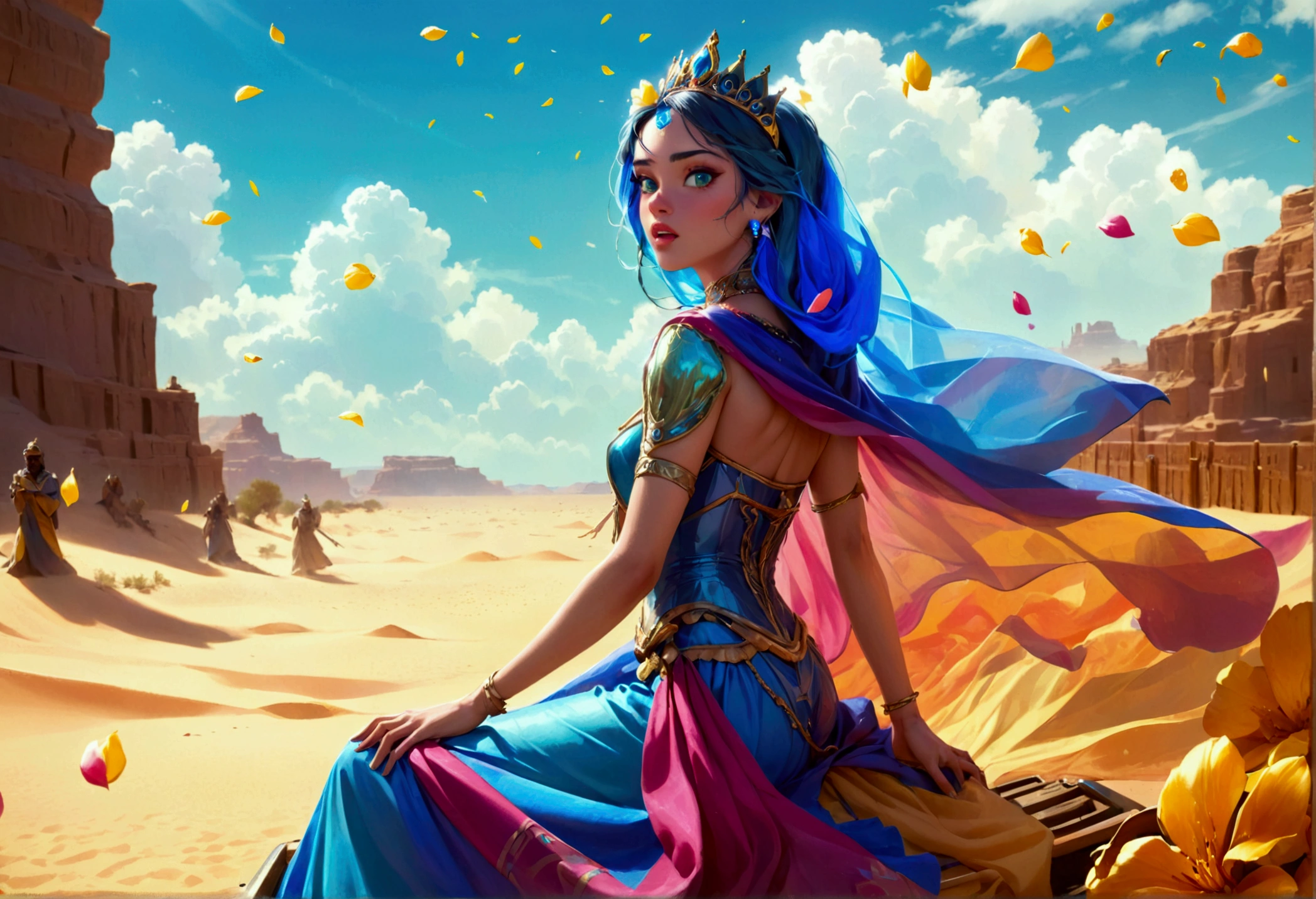 A huge blue-green humanoid female with a broad mouth, wearing a royal tiara and a sheer colorful cloak, riding on a hover barge in a desert setting, with slaves tossing flower petals around her, hyper detailed, ultra-realistic, 8K, photorealistic, intricate details, cinematic lighting, lush colors, dramatic shadows, volumetric lighting, depth of field, award winning digital art
