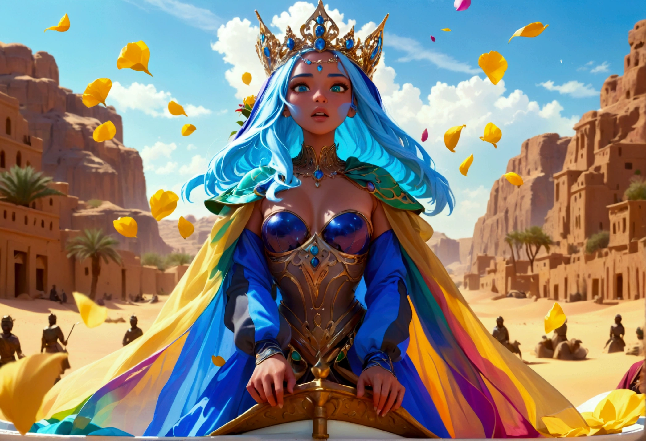 A huge blue-green humanoid female with a broad mouth, wearing a royal tiara and a sheer colorful cloak, riding on a hover barge in a desert setting, with slaves tossing flower petals around her, hyper detailed, ultra-realistic, 8K, photorealistic, intricate details, cinematic lighting, lush colors, dramatic shadows, volumetric lighting, depth of field, award winning digital art