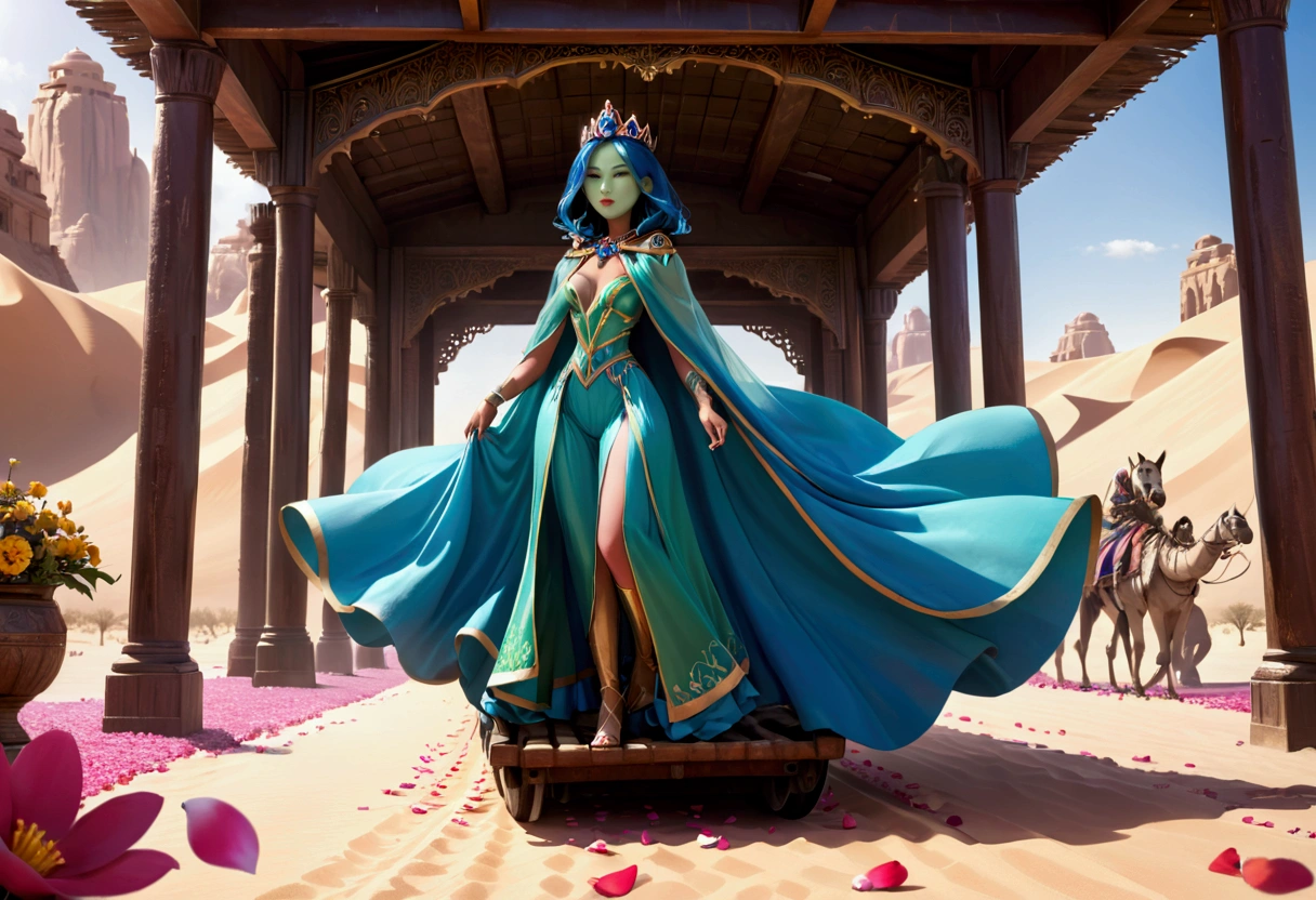 A huge blue-green humanoid female with a broad mouth, wearing a royal tiara and a sheer colorful cloak, riding on a hover barge in a desert setting, with slaves tossing flower petals around her, hyper detailed, ultra-realistic, 8K, photorealistic, intricate details, cinematic lighting, lush colors, dramatic shadows, volumetric lighting, depth of field, award winning digital art