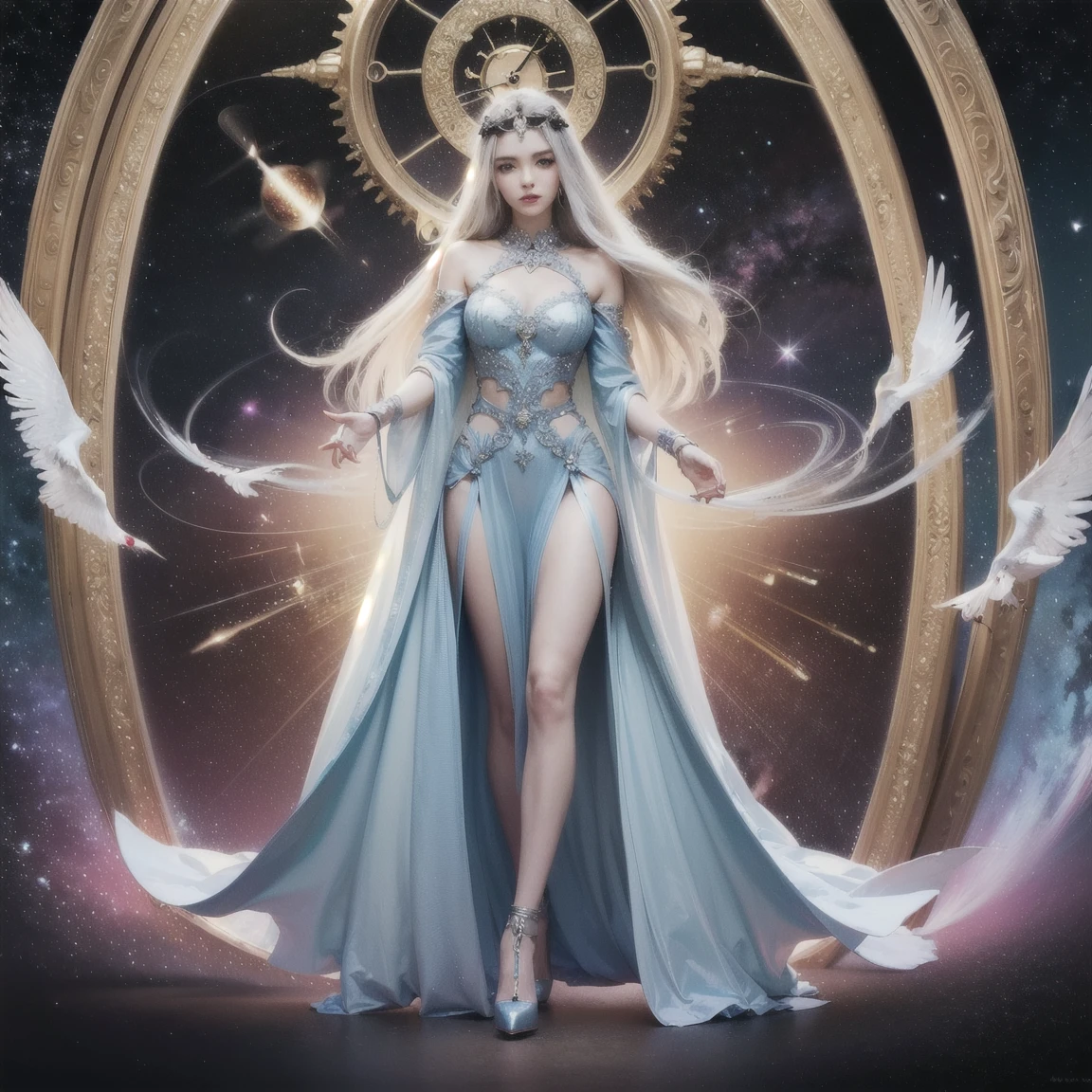 (Time Goddess:1.2) (ethereal presence:1.1) (flowing silver hair:1.1) (glowing blue eyes:1.1) (ancient clock motifs:1.2) (cosmic background:1.3) (golden gears and cogs:1.3) (shimmering robe:1.2) (celestial patterns:1.1) (delicate silver jewelry:1.1) (radiant in dark cosmos:1.4) (fantasy art:1.3) (hourglass in hand:1.3) (floating timepieces:1.3) (depth and dimension:1.3) (divine energy:1.2) (radiating wisdom and power:1.3) (hyper-realistic:1.2) (detailed textures:1.2) (exquisite lighting:1.2) (standing tall:1.3) (solemn and timeless:1.3) (full body height 2/3 of image:1.2) (supernatural and divine:1.4) (ultra-sharp details:1.4)
