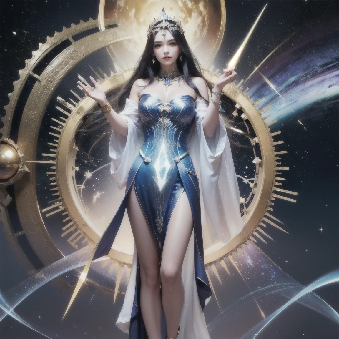 (Time Goddess:1.2) (ethereal presence:1.1) (flowing silver hair:1.1) (glowing blue eyes:1.1) (ancient clock motifs:1.2) (cosmic background:1.3) (golden gears and cogs:1.3) (shimmering robe:1.2) (celestial patterns:1.1) (delicate silver jewelry:1.1) (radiant in dark cosmos:1.4) (fantasy art:1.3) (hourglass in hand:1.3) (floating timepieces:1.3) (depth and dimension:1.3) (divine energy:1.2) (radiating wisdom and power:1.3) (hyper-realistic:1.2) (detailed textures:1.2) (exquisite lighting:1.2) (standing tall:1.3) (solemn and timeless:1.3) (full body height 2/3 of image:1.2) (supernatural and divine:1.4) (ultra-sharp details:1.4)